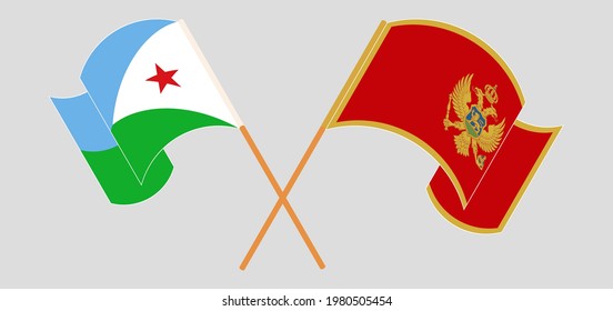 Crossed and waving flags of Djibouti and Montenegro