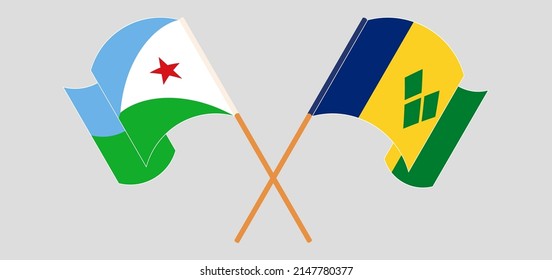 Crossed and waving flags of Djibouti and Saint Vincent and the Grenadines. Vector illustration
