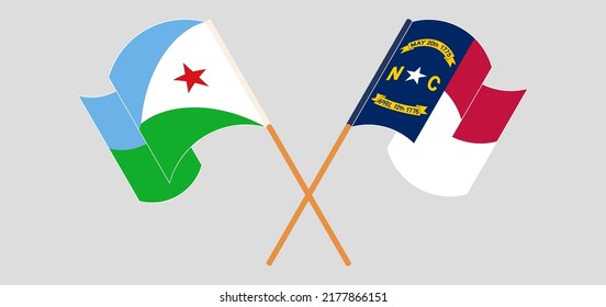 Crossed and waving flags of Djibouti and The State of North Carolina. Vector illustration
