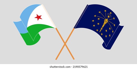 Crossed and waving flags of Djibouti and the State of Indiana. Vector illustration
