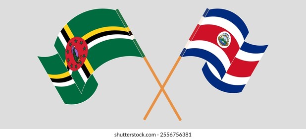 Crossed and waving flags of Dominica and Costa Rica. Vector illustration.
