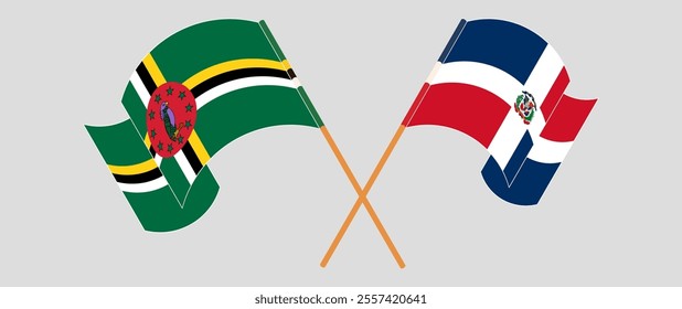 Crossed and waving flags of Dominica and Dominican Republic. Vector illustration.
