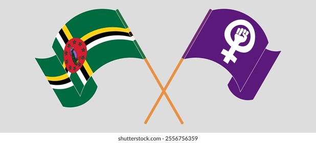 Crossed and waving flags of Dominica and Feminism. Vector illustration.
