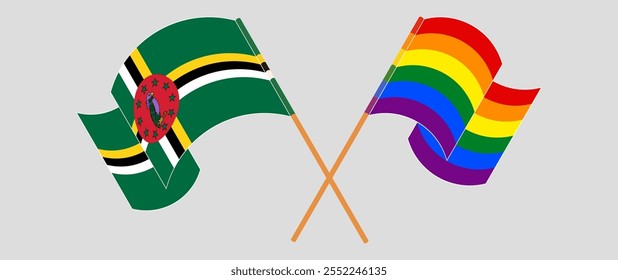 Crossed and waving flags of Dominica and LGBTQ. Vector illustration.
