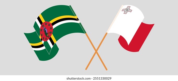 Crossed and waving flags of Dominica and Malta. Vector illustration.
