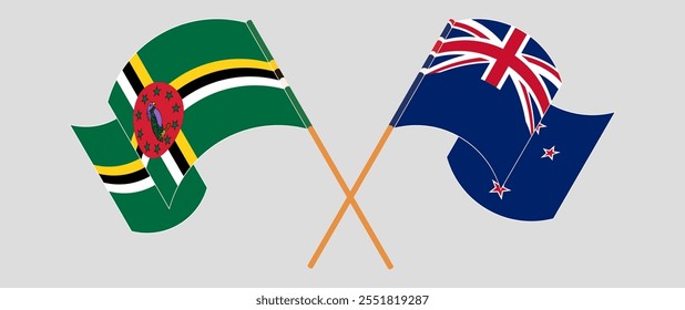 Crossed and waving flags of Dominica and New Zealand. Vector illustration.
