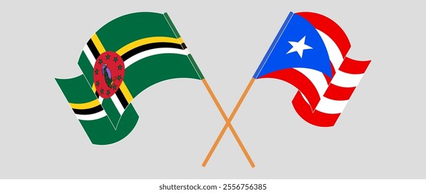 Crossed and waving flags of Dominica and Puerto Rico. Vector illustration.
