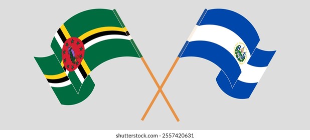 Crossed and waving flags of Dominica and Republic of El Salvador. Vector illustration.
