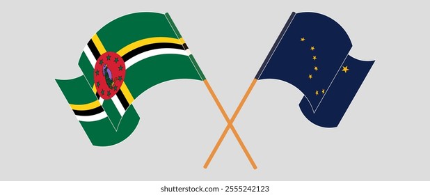 Crossed and waving flags of Dominica and the State of Alaska. Vector illustration.

