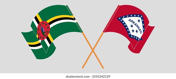 Crossed and waving flags of Dominica and The State of Arkansas. Vector illustration.
