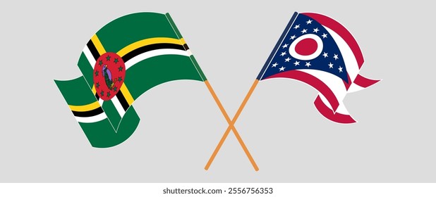 Crossed and waving flags of Dominica and the State of Ohio. Vector illustration.
