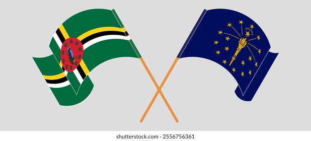 Crossed and waving flags of Dominica and the State of Indiana. Vector illustration.
