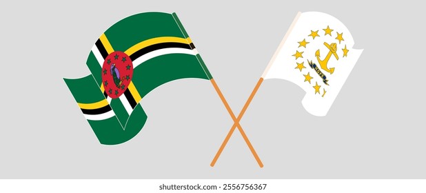 Crossed and waving flags of Dominica and the State of Rhode Island. Vector illustration.