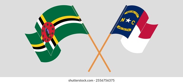 Crossed and waving flags of Dominica and The State of North Carolina. Vector illustration.
