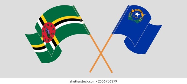 Crossed and waving flags of Dominica and The State of Nevada. Vector illustration.
