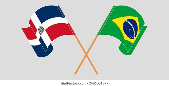 Crossed and waving flags of Dominican Republic and Brazil. Vector illustration
