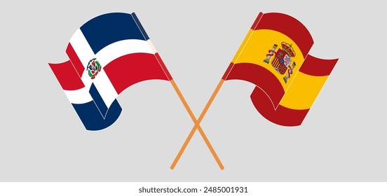 Crossed and waving flags of Dominican Republic and Spain. Vector illustration
