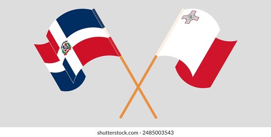 Crossed and waving flags of Dominican Republic and Malta. Vector illustration
