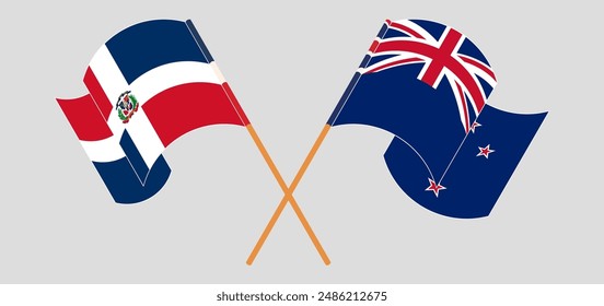 Crossed and waving flags of Dominican Republic and New Zealand. Vector illustration
