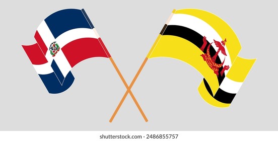 Crossed and waving flags of Dominican Republic and Brunei. Vector illustration
