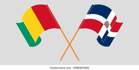 Cruzadas y ondeando banderas de República Dominicana y Guinea. Ilustración vectorial
