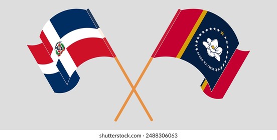 Crossed and waving flags of Dominican Republic and The State of Mississippi. Vector illustration
