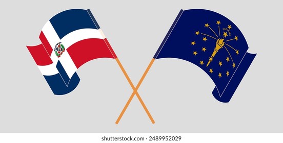 Crossed and waving flags of Dominican Republic and the State of Indiana. Vector illustration
