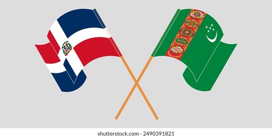 Crossed and waving flags of Dominican Republic and Turkmenistan. Vector illustration
