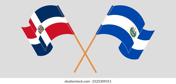 Bandeiras cruzadas e acenando da República Dominicana e República de El Salvador. Ilustração vetorial.
