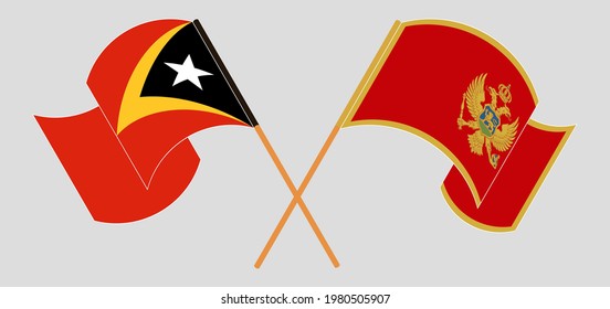 Crossed and waving flags of East Timor and Montenegro