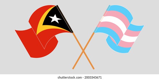 Crossed and waving flags of East Timor and Transgender Pride
