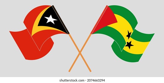 Crossed and waving flags of East Timor and Sao Tome and Principe. Vector illustration
