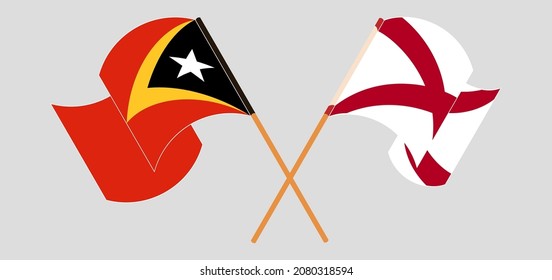 Crossed and waving flags of East Timor and The State of Alabama. Vector illustration
