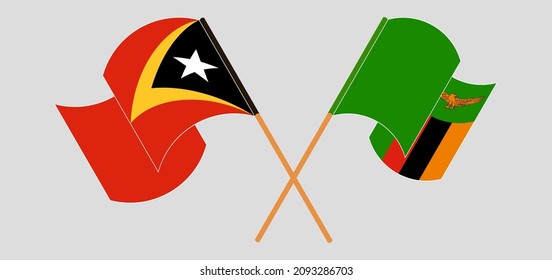 Gekreuzte und wehende Flaggen von Osttimor und Sambia. Vektorgrafik
