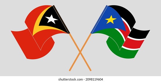Crossed and waving flags of East Timor and South Sudan. Vector illustration
