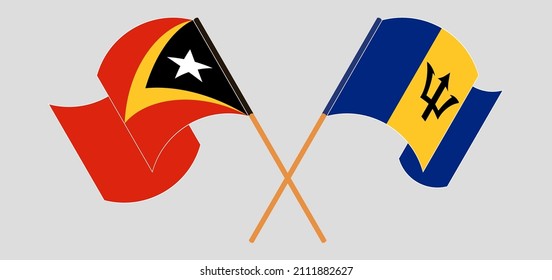 Crossed and waving flags of East Timor and Barbados. Vector illustration
