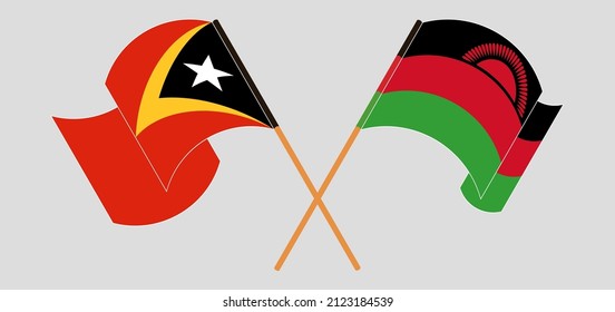 Crossed and waving flags of East Timor and Malawi. Vector illustration
