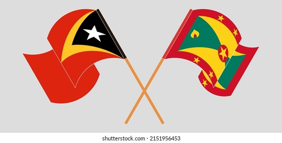 Crossed and waving flags of East Timor and Grenada. Vector illustration
