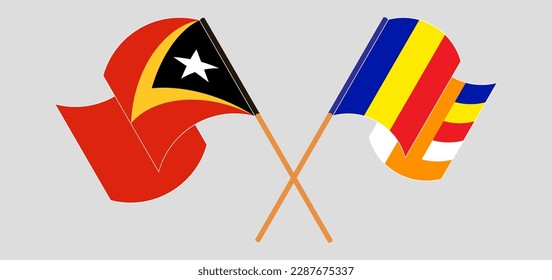 Crossed and waving flags of East Timor and Buddhism. Vector illustration
