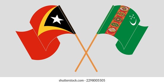 Crossed and waving flags of East Timor and Turkmenistan. Vector illustration
