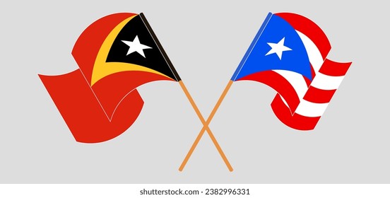 Crossed and waving flags of East Timor and Puerto Rico. Vector illustration
