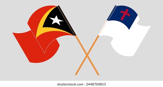 Crossed and waving flags of East Timor and christianity. Vector illustration
