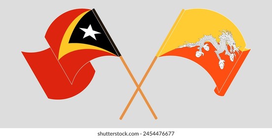 Überkreuzte und schwenkende Fahnen von Osttimor und Bhutan. Vektorillustration
