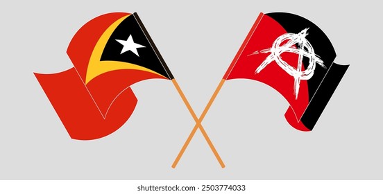 Crossed and waving flags of East Timor and Anarchy. Vector illustration
