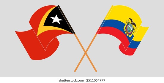 Crossed and waving flags of East Timor and Republic of Ecuador. Vector illustration
