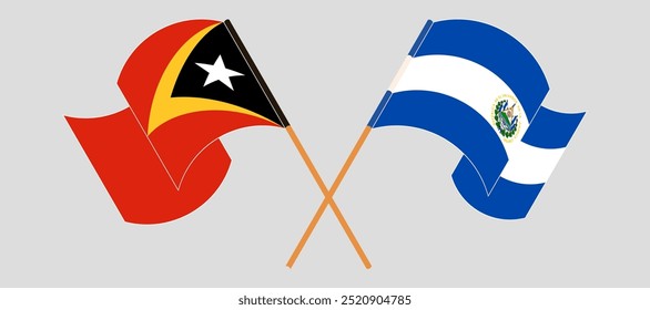 Bandeiras cruzadas e acenando de Timor Leste e da República de El Salvador. Ilustração vetorial.
