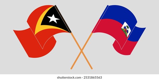 Crossed and waving flags of East Timor and Republic of Haiti. Vector illustration.

