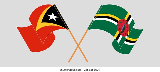 Crossed and waving flags of East Timor and Dominica. Vector illustration.