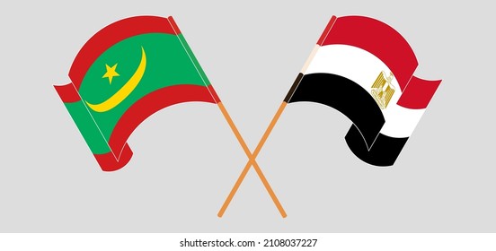 Gekreuzte und wehende Flaggen Ägyptens und Mauretaniens. Vektorgrafik