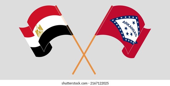 Überquerte und schwellende Flaggen Ägyptens und des Staates Arkansas. Vektorgrafik
